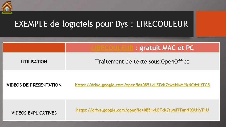 EXEMPLE de logiciels pour Dys : LIRECOULEUR : gratuit MAC et PC UTILISATION Traitement