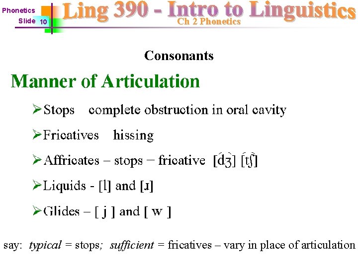 Phonetics Slide 10 Ch 2 Phonetics Consonants say: typical = stops; sufficient = fricatives