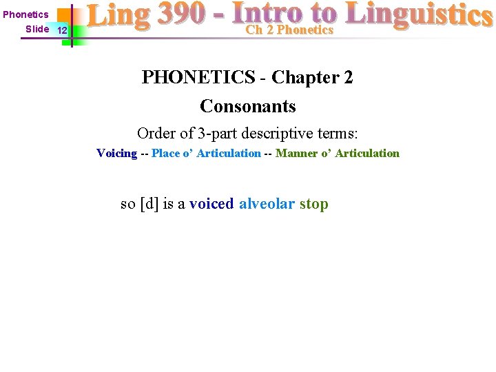 Phonetics Slide 12 Ch 2 Phonetics PHONETICS - Chapter 2 Consonants Order of 3