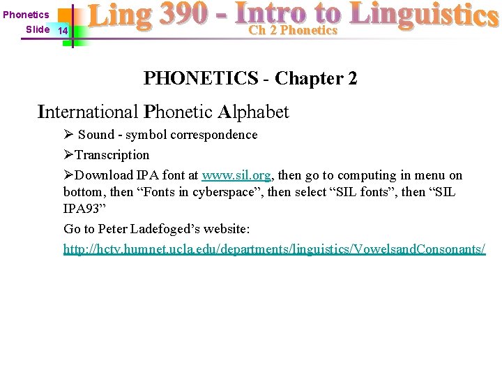 Phonetics Slide 14 Ch 2 Phonetics PHONETICS - Chapter 2 International Phonetic Alphabet Ø
