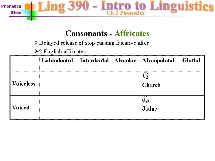 Phonetics Slide 17 Ch 2 Phonetics Consonants - Affricates ØDelayed release of stop causing