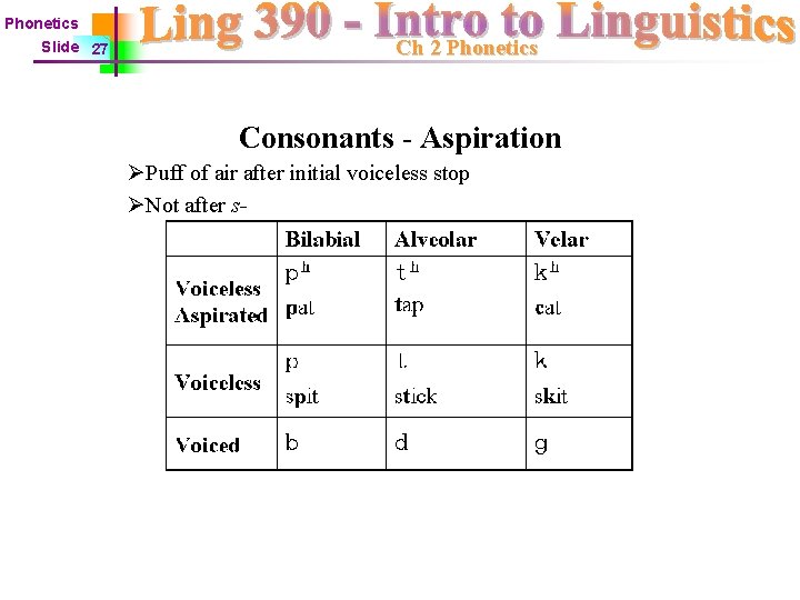 Phonetics Slide 27 Ch 2 Phonetics Consonants - Aspiration ØPuff of air after initial