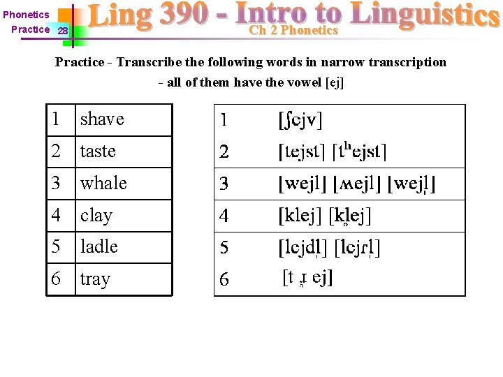 Phonetics Ch 2 Phonetics Practice 28 Practice - Transcribe the following words in narrow