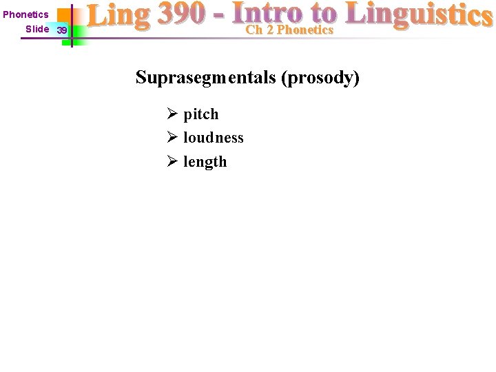 Phonetics Ch 2 Phonetics Slide 39 Suprasegmentals (prosody) Ø pitch Ø loudness Ø length