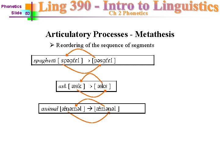 Phonetics Slide 53 Ch 2 Phonetics Articulatory Processes - Metathesis Ø Reordering of the