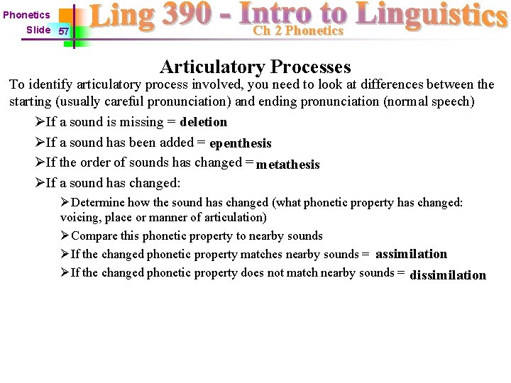 Phonetics Slide 57 Ch 2 Phonetics Articulatory Processes To identify articulatory process involved, you