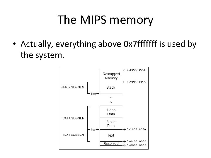 The MIPS memory • Actually, everything above 0 x 7 fffffff is used by