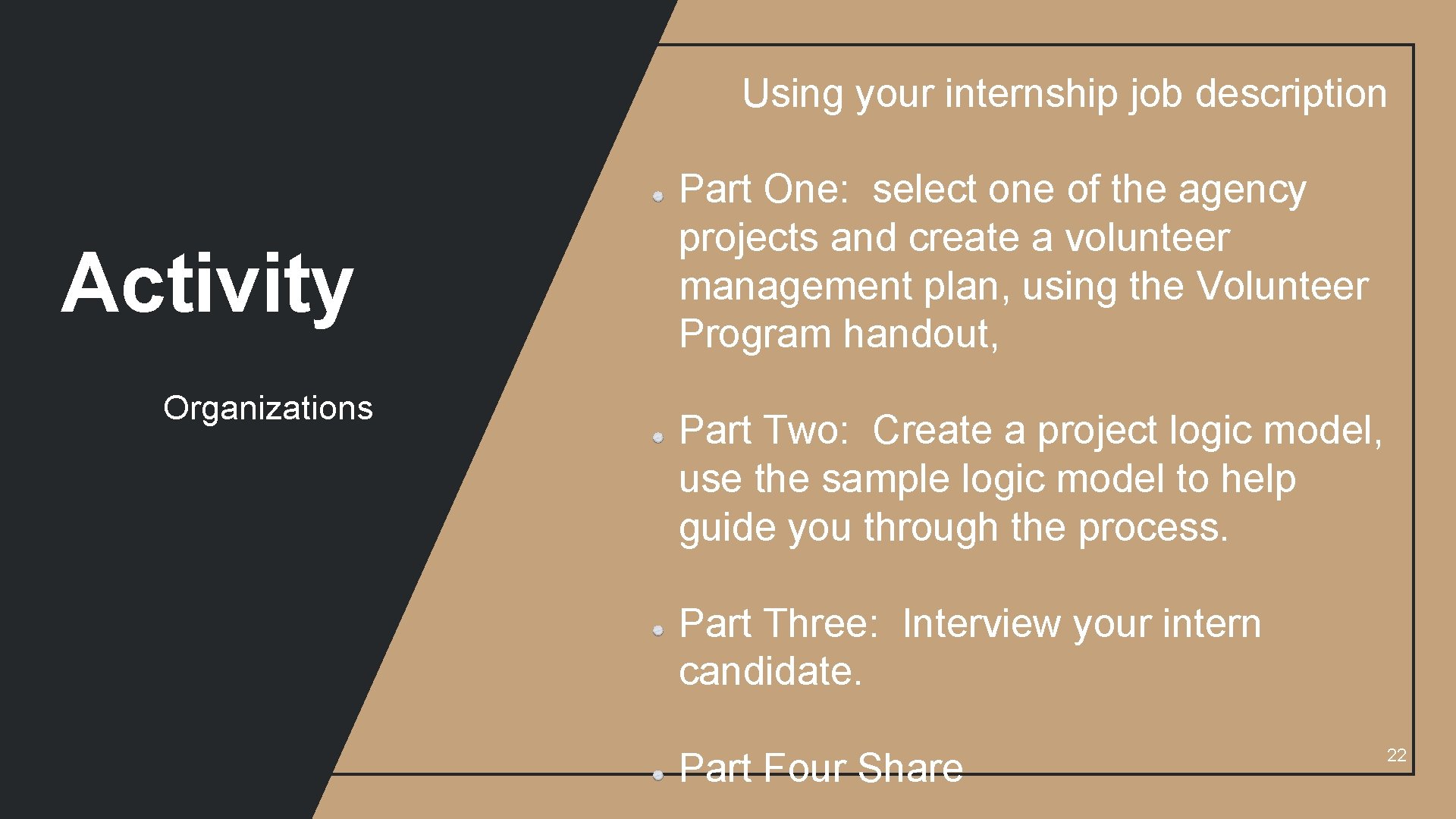 Using your internship job description Activity Organizations Part One: select one of the agency