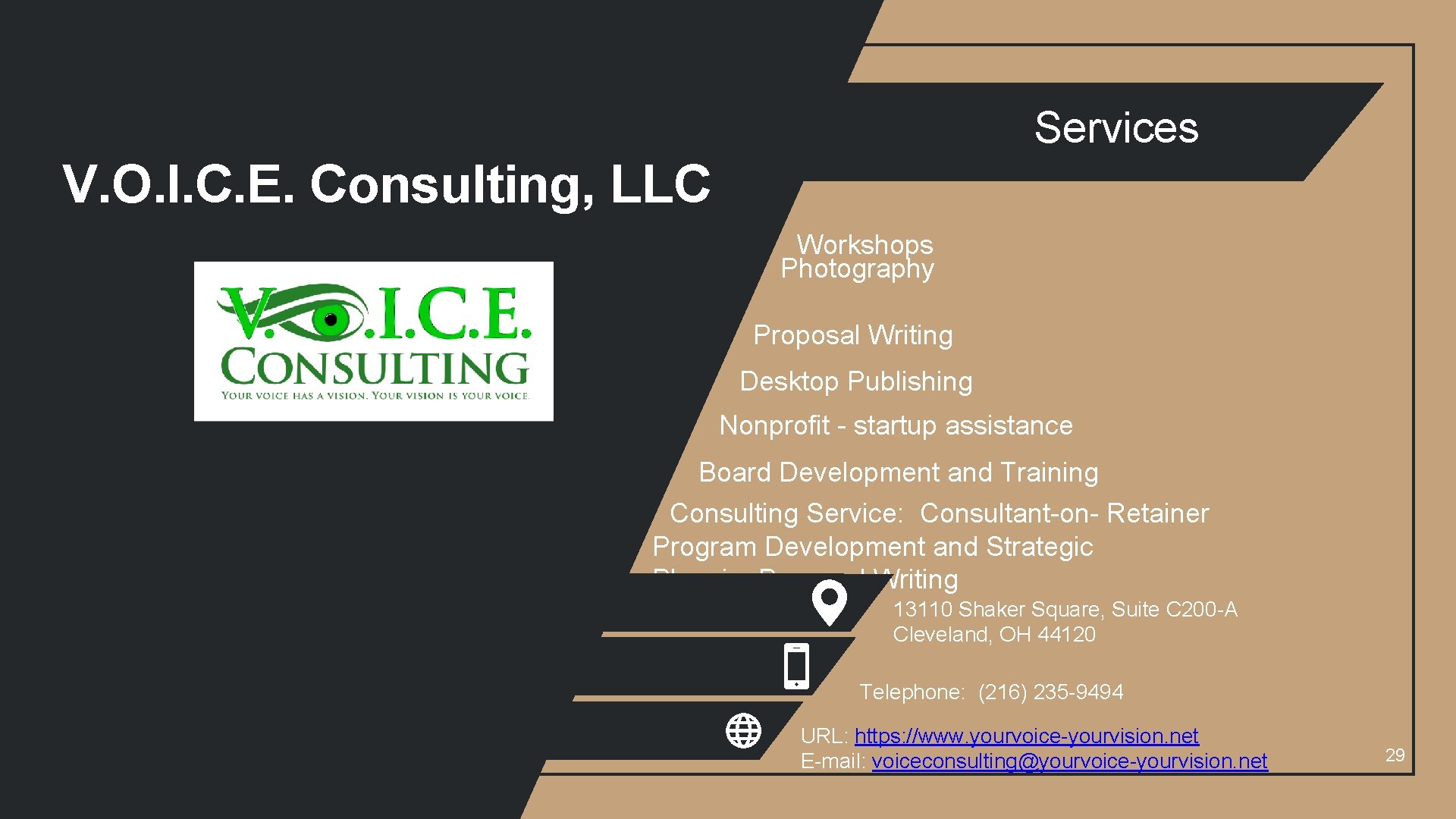 Services V. O. I. C. E. Consulting, LLC Workshops Photography Proposal Writing Desktop Publishing