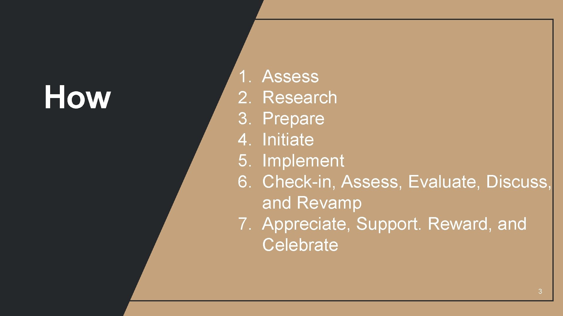 How 1. 2. 3. 4. 5. 6. Assess Research Prepare Initiate Implement Check-in, Assess,