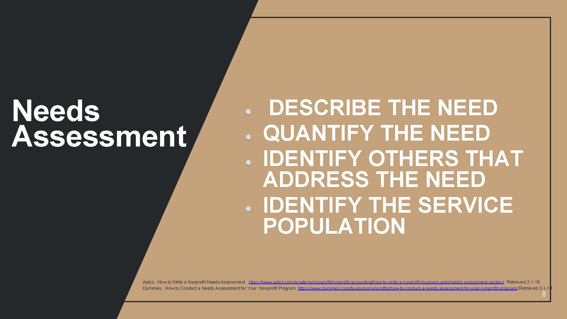 Needs Assessment DESCRIBE THE NEED QUANTIFY THE NEED IDENTIFY OTHERS THAT ADDRESS THE NEED