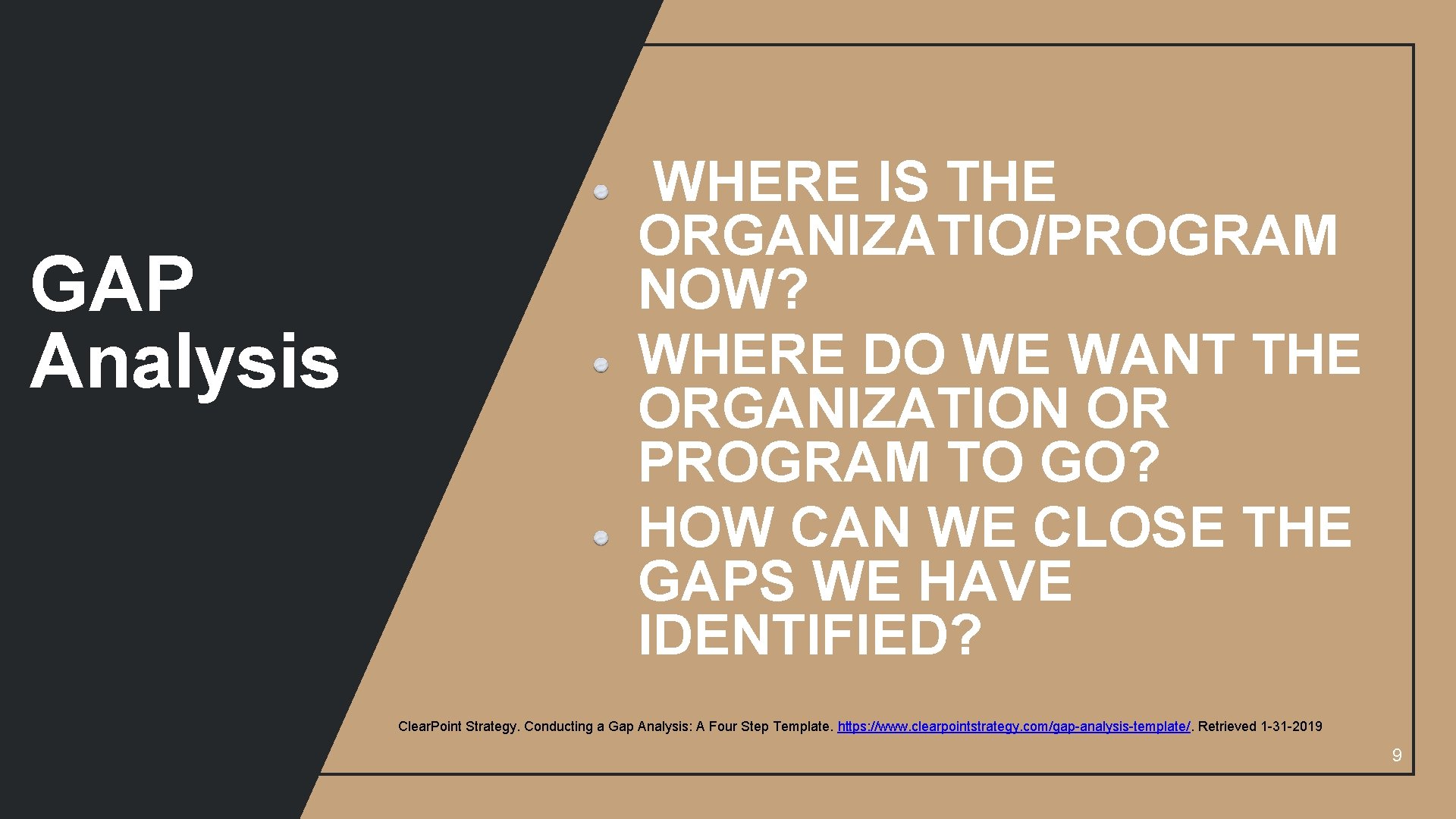 GAP Analysis WHERE IS THE ORGANIZATIO/PROGRAM NOW? WHERE DO WE WANT THE ORGANIZATION OR