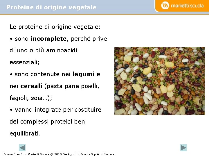 Proteine di origine vegetale Le proteine di origine vegetale: • sono incomplete, perché prive