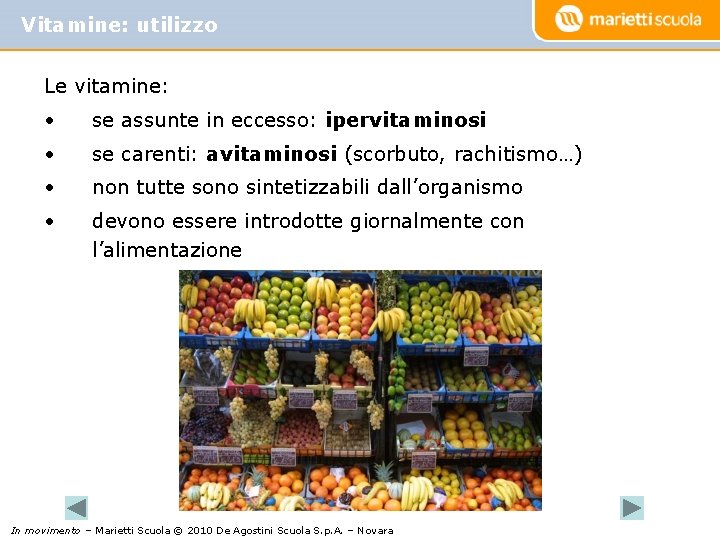 Vitamine: utilizzo Le vitamine: • se assunte in eccesso: ipervitaminosi • se carenti: avitaminosi