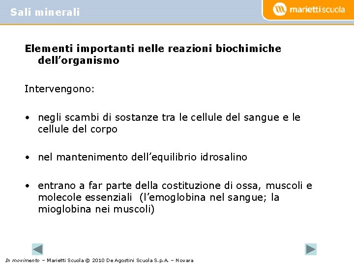 Sali minerali Elementi importanti nelle reazioni biochimiche dell’organismo Intervengono: • negli scambi di sostanze