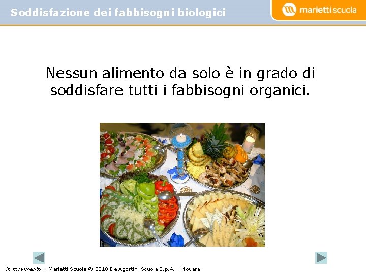 Soddisfazione dei fabbisogni biologici Nessun alimento da solo è in grado di soddisfare tutti