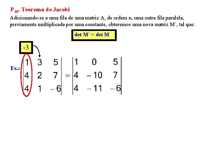 P 10. Teorema de Jacobi Adicionando-se a uma fila de uma matriz A, de