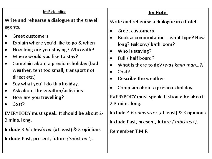 Im Reisebüro Write and rehearse a dialogue at the travel agents. Greet customers Explain