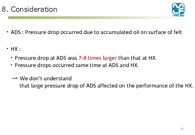 8. Consideration ・ ADS : Pressure drop occurred due to accumulated oil on surface