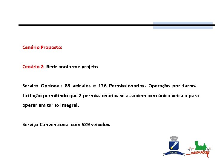 Cenário Proposto: Cenário 2: Rede conforme projeto Serviço Opcional: 88 veículos e 176 Permissionários.