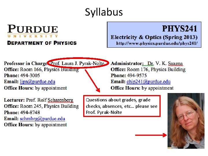 Syllabus Questions about grades, grade checks, absences, etc… please see Prof. Pyrak-Nolte 