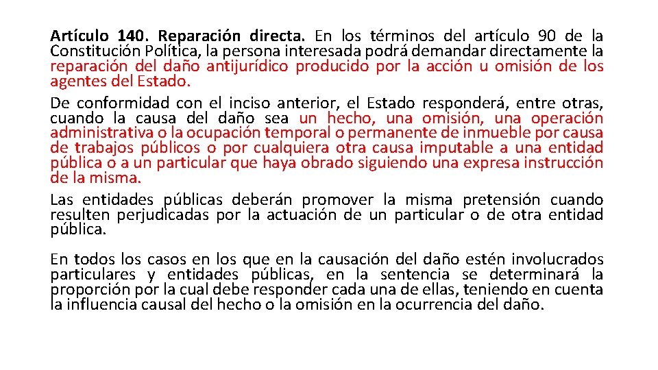 Artículo 140. Reparación directa. En los términos del artículo 90 de la Constitución Política,