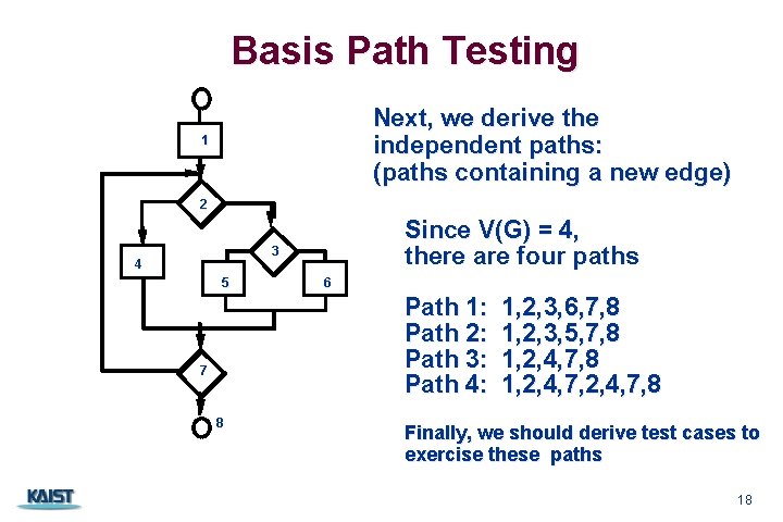 Basis Path Testing Next, we derive the independent paths: (paths containing a new edge)