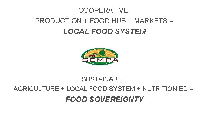 COOPERATIVE PRODUCTION + FOOD HUB + MARKETS = LOCAL FOOD SYSTEM SUSTAINABLE AGRICULTURE +
