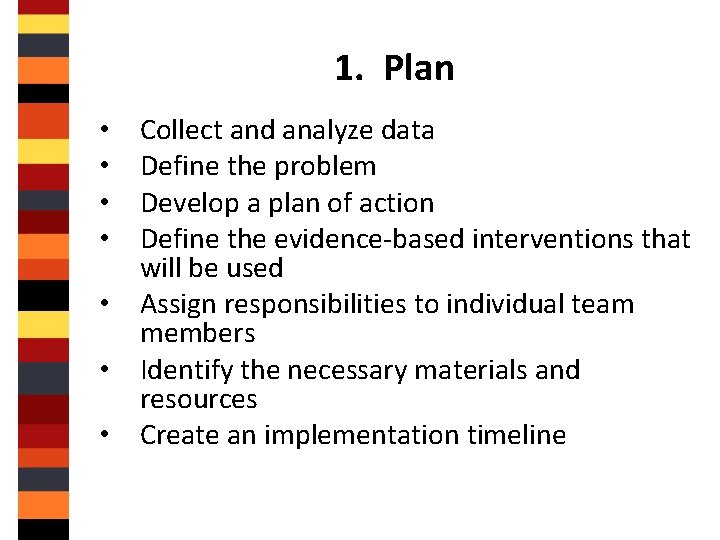 1. Plan Collect and analyze data Define the problem Develop a plan of action