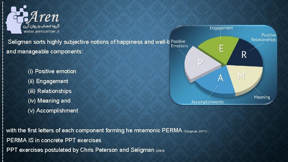 Seligman sorts highly subjective notions of happiness and well-being into five scientifically measurable Seligman sorts highly subjective notions of happiness and well-being into five scientifically measurable