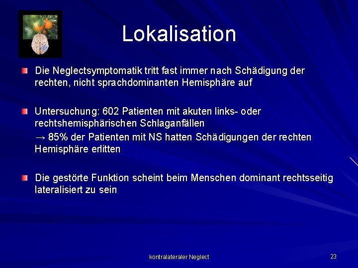 Lokalisation Die Neglectsymptomatik tritt fast immer nach Schädigung der rechten, nicht sprachdominanten Hemisphäre auf