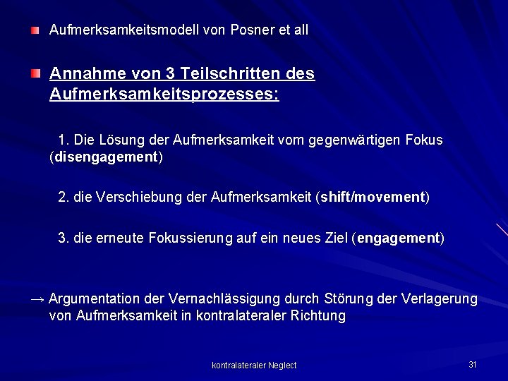 Aufmerksamkeitsmodell von Posner et all Annahme von 3 Teilschritten des Aufmerksamkeitsprozesses: 1. Die Lösung