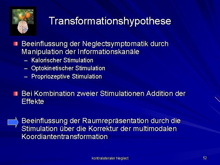 Transformationshypothese Beeinflussung der Neglectsymptomatik durch Manipulation der Informationskanäle – – – Kalorischer Stimulation Optokinetischer