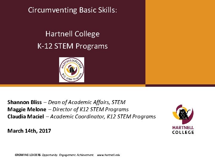 Circumventing Basic Skills: Hartnell College K-12 STEM Programs Shannon Bliss – Dean of Academic