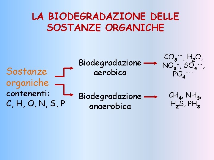 LA BIODEGRADAZIONE DELLE SOSTANZE ORGANICHE Sostanze organiche contenenti: C, H, O, N, S, P LA BIODEGRADAZIONE DELLE SOSTANZE ORGANICHE Sostanze organiche contenenti: C, H, O, N, S, P