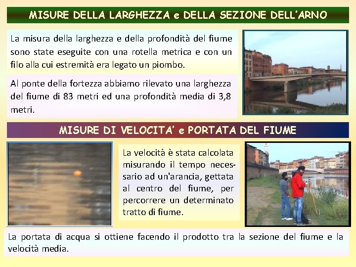 MISURE DELLA LARGHEZZA e DELLA SEZIONE DELL’ARNO La misura della larghezza e della profondità MISURE DELLA LARGHEZZA e DELLA SEZIONE DELL’ARNO La misura della larghezza e della profondità