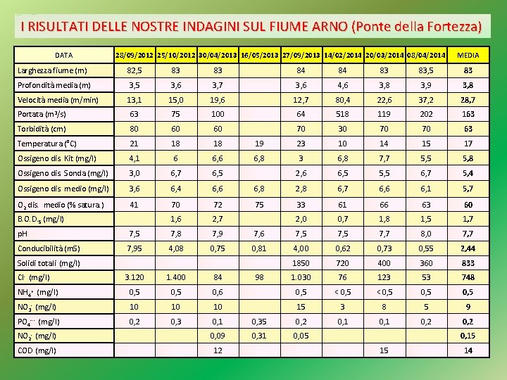 I RISULTATI DELLE NOSTRE INDAGINI SUL FIUME ARNO (Ponte della Fortezza) DATA 28/09/2012 25/10/2012 I RISULTATI DELLE NOSTRE INDAGINI SUL FIUME ARNO (Ponte della Fortezza) DATA 28/09/2012 25/10/2012