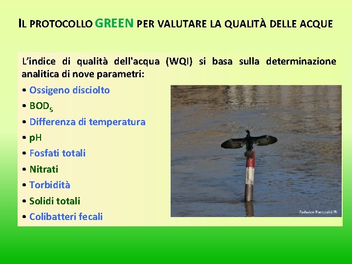 IL PROTOCOLLO GREEN PER VALUTARE LA QUALITÀ DELLE ACQUE L’indice di qualità dell'acqua (WQI) IL PROTOCOLLO GREEN PER VALUTARE LA QUALITÀ DELLE ACQUE L’indice di qualità dell'acqua (WQI)