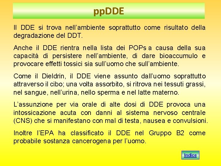 pp. DDE Il DDE si trova nell’ambiente soprattutto come risultato della degradazione del DDT. pp. DDE Il DDE si trova nell’ambiente soprattutto come risultato della degradazione del DDT.