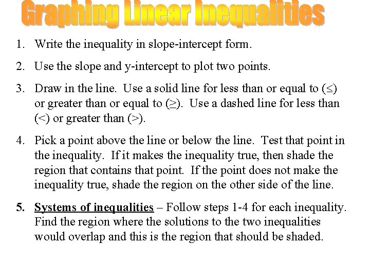 1. Write the inequality in slope-intercept form. 2. Use the slope and y-intercept to