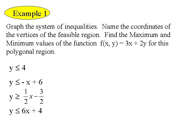 Example 1 Graph the system of inequalities. Name the coordinates of the vertices of