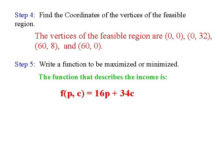 Step 4: Find the Coordinates of the vertices of the feasible region. The vertices