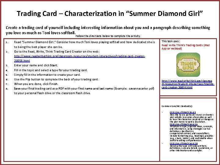 Trading Card – Characterization in “Summer Diamond Girl” Create a trading card of yourself