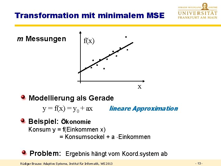 Transformation mit minimalem MSE m Messungen f(x) x Modellierung als Gerade y = f(x)