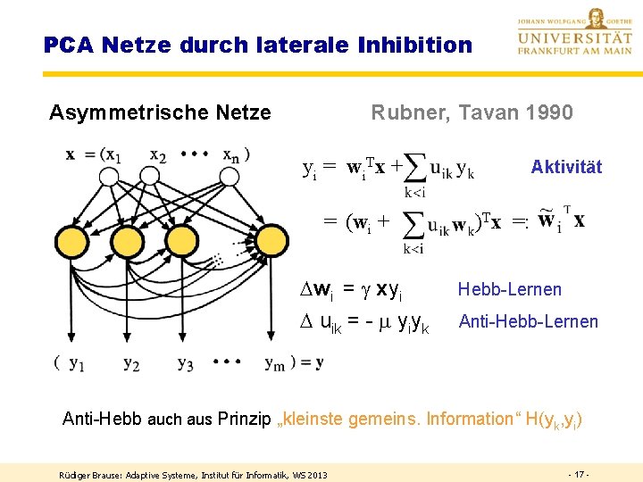 PCA Netze durch laterale Inhibition Asymmetrische Netze Rubner, Tavan 1990 yi = wi. Tx