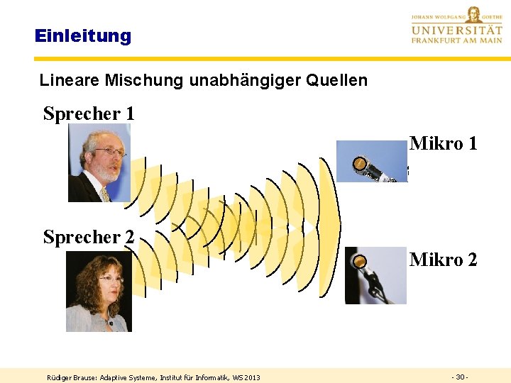 Einleitung Lineare Mischung unabhängiger Quellen Sprecher 1 Mikro 1 Sprecher 2 Mikro 2 Rüdiger