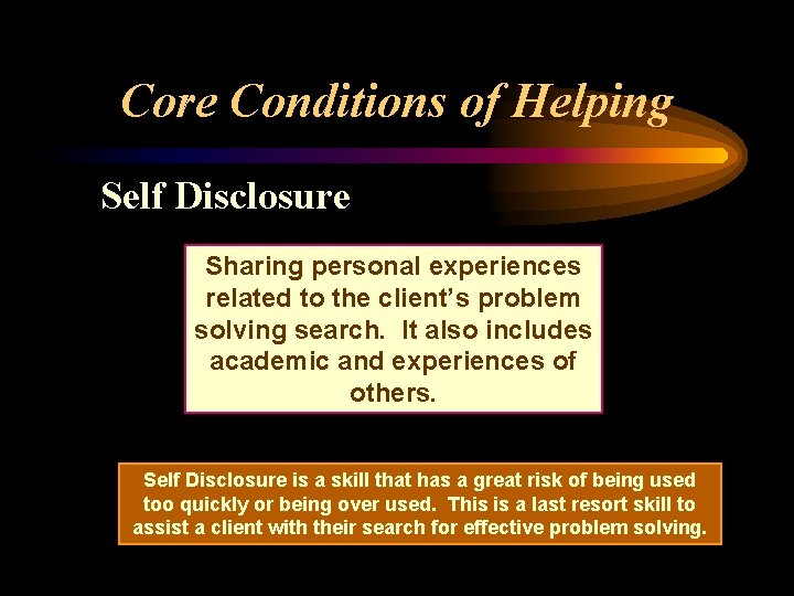 Core Conditions of Helping Self Disclosure Sharing personal experiences related to the client’s problem