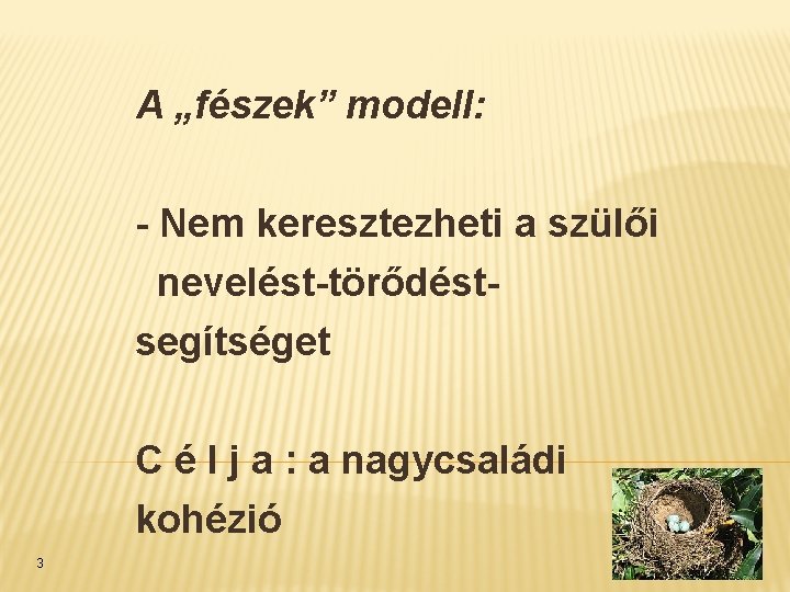 A „fészek” modell: - Nem keresztezheti a szülői nevelést-törődéstsegítséget C é l j a