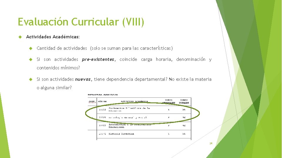 Evaluación Curricular (VIII) Actividades Académicas: Cantidad de actividades (solo se suman para las características)