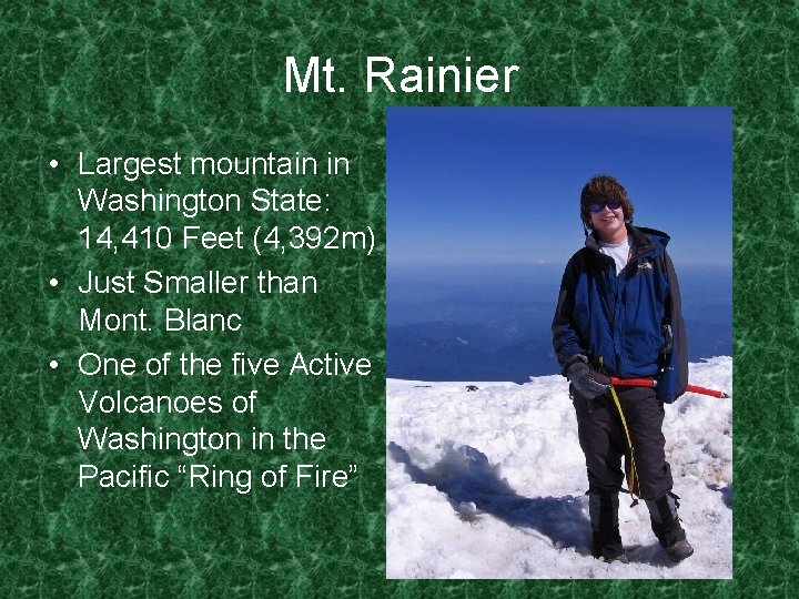 Mt. Rainier • Largest mountain in Washington State: 14, 410 Feet (4, 392 m)